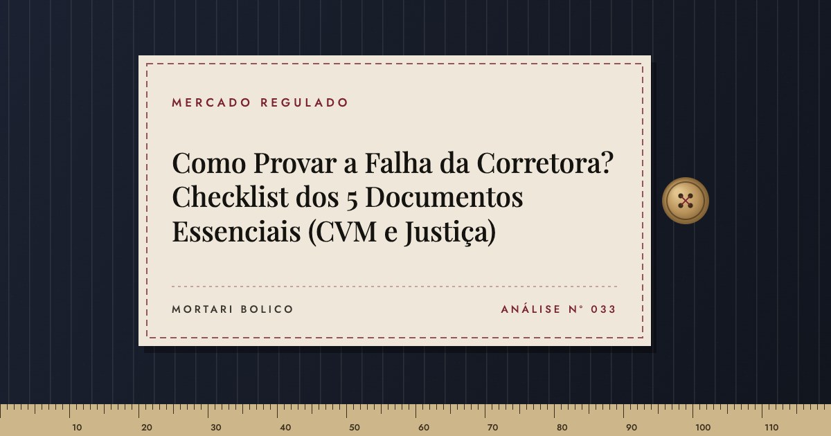 Capa do artigo: Como Provar a Falha da Corretora? Checklist dos 5 Documentos Essenciais (CVM e Justiça) — Mortari Bolico, Mercado regulado
